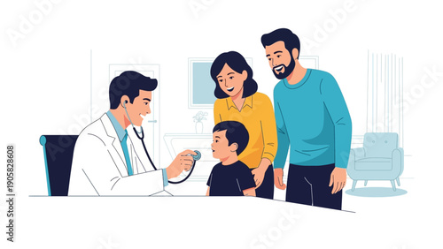 Child's Health Checkup: A medical professional conducts a routine checkup on a young child, accompanied by his supportive parents, ensuring a reassuring experience.