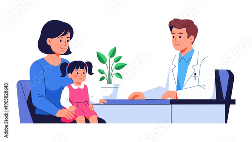 Healthcare Consultation: A comforting illustration of a young girl and her mother consulting a doctor, embodying trust and care within a healthcare setting.