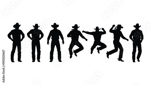 Silhouettes of people dancing in a line with cowboy hats on Vector