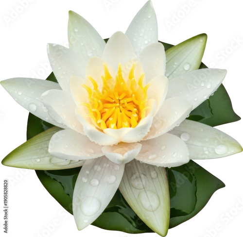 A pristine white water lily blossom with yellow center on transparent background