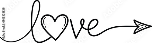 A minimalist line drawing displays the word love with a heart replacing the o followed by an arrow high-quality professional