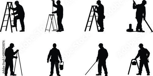 Construction worker silhouettes with ladder tools and equipment set, professional builder team isolated on white background