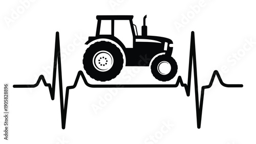 A tractor silhouette with a heartbeat line design representing agricultural vitality. Vector
