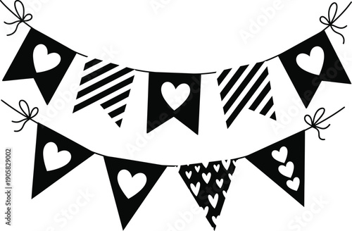 A black and white illustration depicts a string of pennant banners adorned with various heart and pattern designs high-quality professional