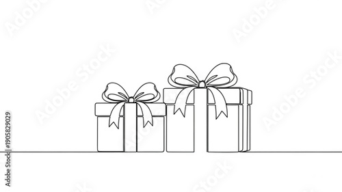 Three wrapped presents with bows on top in a line on white background
