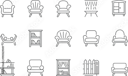 Furniture line icons set with sofa armchair table cabinet and home interior elements isolated on white background