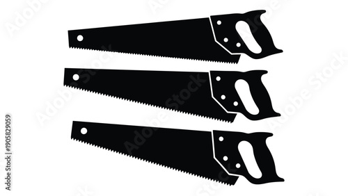 Three black and white saws with different blade lengths and handle designs Vector