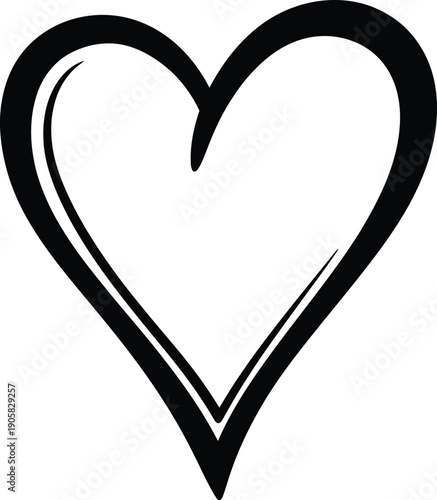 A simple hand drawn black heart illustration is centered on a plain white background conveying feelings of love and affection