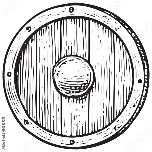 Vintage Medieval Round Shield Engraving Retro Knight Wooden Shield Illustration Antique Woodcut Art