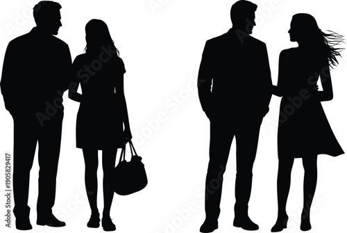 Romantic couple silhouettes standing together, man and woman conversation poses, lifestyle relationship concept, black isolated people figures