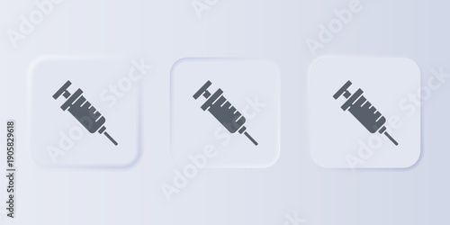 Grey GMO syringe icon isolated on grey background. Genetically modified organism acronym. Dna food modification. Set icons in square buttons. Vector