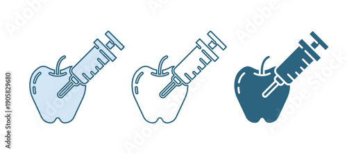 Blue Genetically modified apple icon isolated on white background. GMO fruit. Syringe being injected to apple. Vector