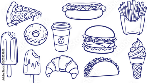 Fast food doodle line art vector illustration, hand drawn snacks and street food sketch icons in simple outline style.eps