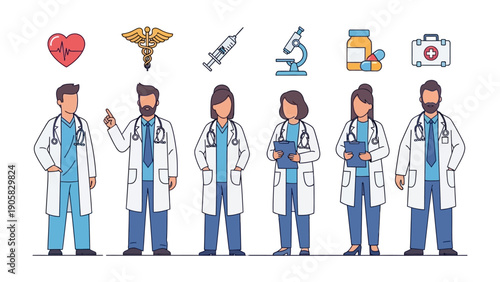 Health Professional: A set of medical professional with some medical equipment. Illustrating health and medical concepts with vibrant colors.