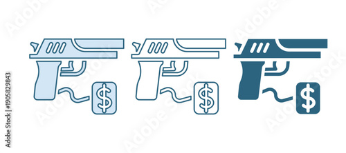 Blue Buying gun pistol with price tag icon isolated on white background. Buying weapon. Vector