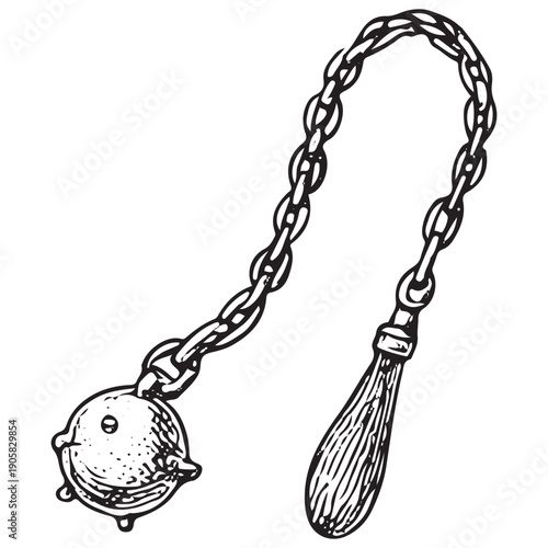 Vintage Medieval Flail Chain Engraving Retro Knight Ball Weapon Illustration Antique Woodcut Line Art