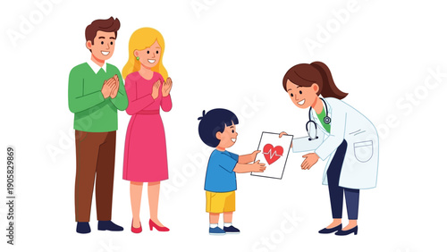Healthcare Harmony: A child presents a heart-shaped drawing to a doctor, while the parents applaud in the background, a testament to care.