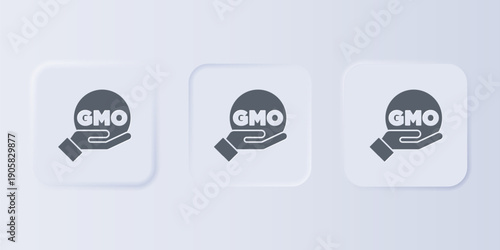 Grey GMO icon isolated on grey background. Genetically modified organism acronym. Dna food modification. Set icons in square buttons. Vector