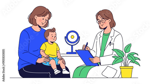Wellness Visit: A warm scene of a mother and child consulting with a pediatrician, fostering care and well-being. This image captures the essence of health and support in a friendly atmosphere.