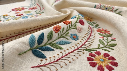 Hand Embroidered Floral Textile Fabric Close Up