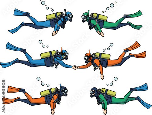 Scuba diving cartoon characters underwater with diving equipment breathing bubbles isolated on white background vector illustration