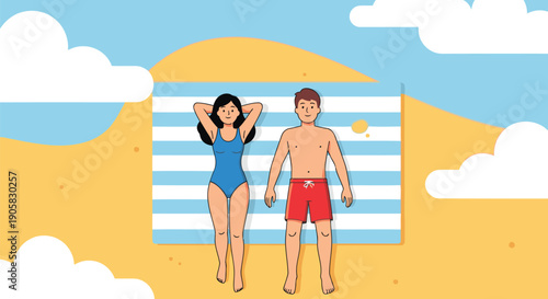 Man and woman sunbathing on a striped towel at the beach