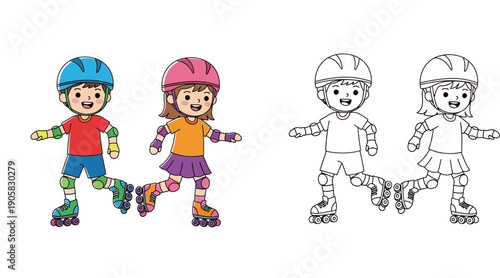 Cute cartoon boy and girl roller skating with safety gear. Vector illustration set including colored version and black and white coloring page outline isolated on white background.