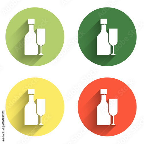 Set Wine bottle with glass icon isolated with long shadow background. Color circle button. Vector