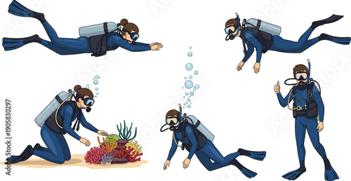 Scuba diver cartoon character set swimming underwater exploring coral reef with diving equipment bubbles isolated on white background