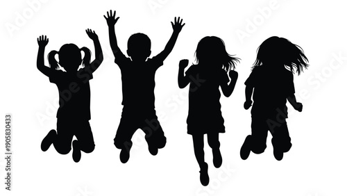 Silhouettes of children jumping in the air with arms raised Vector