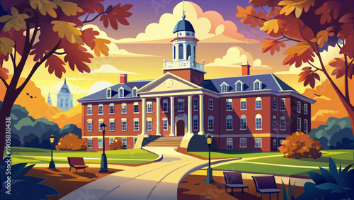 Very beautiful morning scene of Old Main at Penn State University, bathed in soft sunlight, emphasizing classic academic architecture, calm atmosphere, and the timeless spirit of higher education.