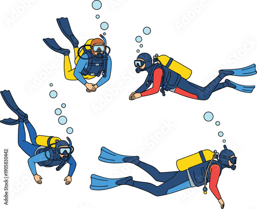 Scuba diver buddy set swimming underwater in different positions with diving gear fins oxygen tanks isolated on white