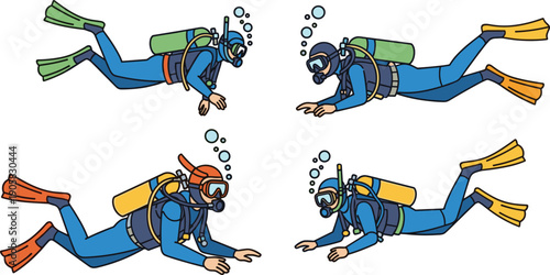 Scuba diver set swimming underwater in different horizontal positions with fins oxygen tanks bubbles isolated on white background