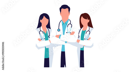 Medical Professionals Team: A team of dedicated medical professionals, in pristine white coats and equipped with stethoscopes, stands united, representing healthcare excellence and compassion. 
