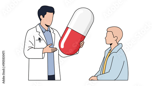 Doctor with Big Pill Concept: A doctor presents an oversized pill to a patient, symbolizing healthcare and medicine.