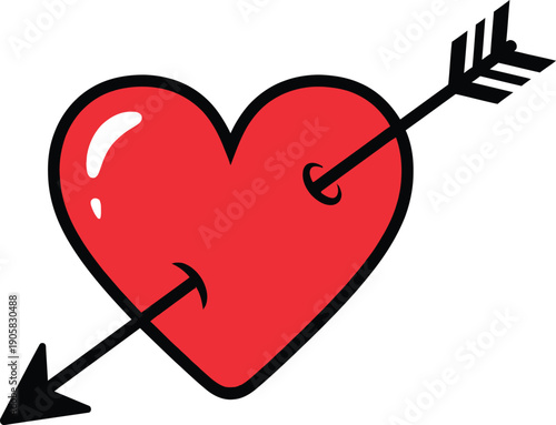 A vibrant red heart is pierced by a black arrow with red fletching symbolizing love and perhaps pain high-quality professional