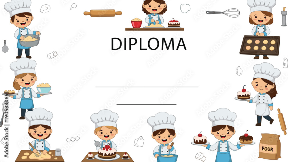 Fototapeta premium Educational diploma certificate template for children featuring cute little kids in chef hats and aprons busy in the kitchen.