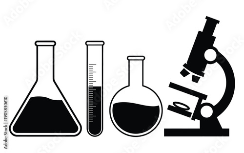 Black icons of scientific laboratory glassware including Erlenmeyer flask, test tube, round flask, and microscope, chemistry research symbols for science education, medical analysis, and laboratory 