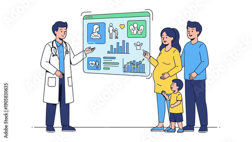 Family Healthcare: A physician illustrates a family with pregnancy. He introduces the process of the childbearing journey through charts.