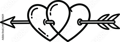 A minimalist black and white illustration depicts two interconnected hearts pierced by an arrow symbolizing love and connection high-quality professional