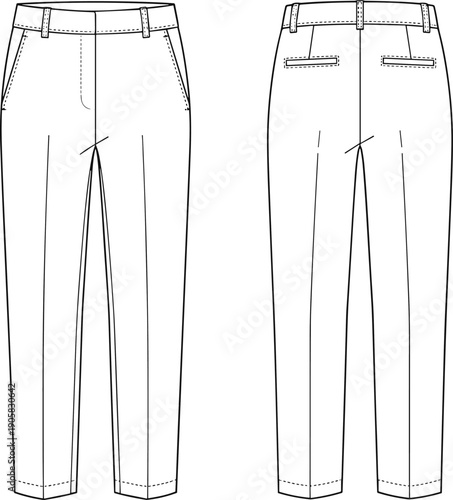 Women’s fashion technical flat sketch of tailored trousers featuring waistband with belt loops, side pockets, fly front, welt pockets, and crease detailing for garment construction illustration