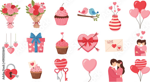 Valentine’s Day romantic colorful illustration set featuring flowers, cupcakes, birds, balloons, gift box, padlock, couple, envelope, bow and arrow, and festive love icons collection