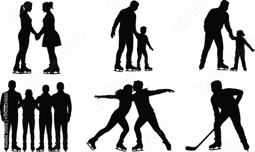 Ice skating silhouettes set, family couple and hockey player on ice, winter sport activity illustration, black isolated figures