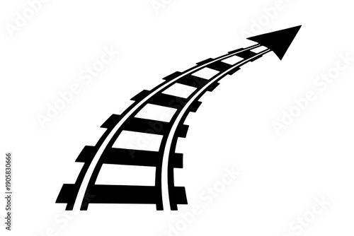 Curved railroad track vector illustration featuring a creative arrow tip to symbolize progress and direction. Minimalist black silhouette of a railway path isolated on transparent background.