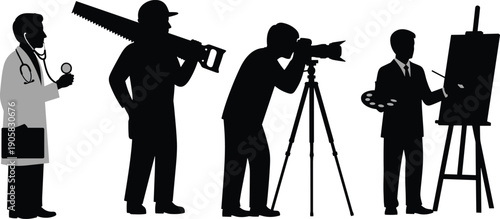 Professional occupations silhouettes showing doctor carpenter photographer and artist working isolated on white background career concept illustration