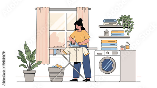 Hardworking young woman doing laundry by ironing a white shirt in a bright room next to a washing machine and green plants.