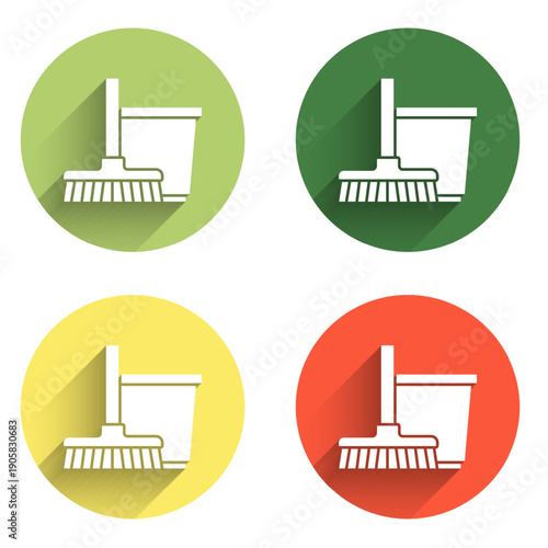 Set Mop and bucket icon isolated with long shadow background. Cleaning service concept. Color circle button. Vector