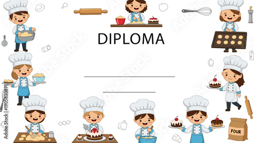 Educational diploma certificate template for children featuring cute little kids in chef hats and aprons busy in the kitchen.