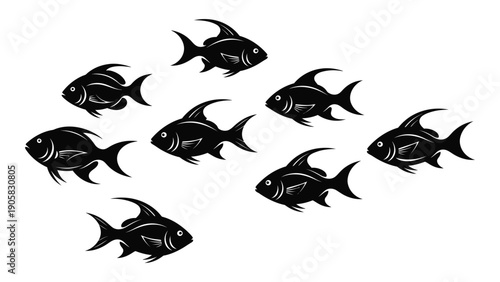A group of black fish swimming in a circular formation against a white background Vector
