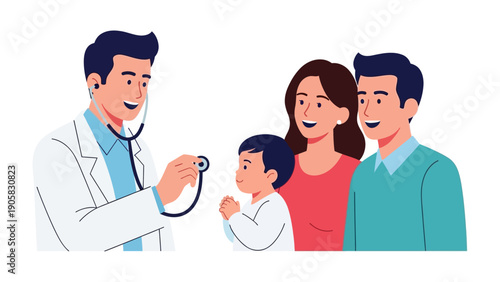 Healthcare Harmony: A caring physician examines a young child, with the child's parents providing support, fostering trust and well-being.